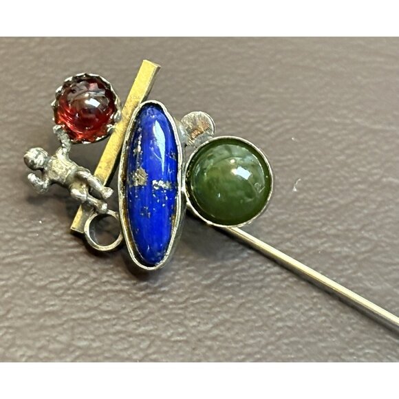 Vintage Cherub Sterling & Vermeil Lapis Garnet Jade Abstract Lapel Stick Pin - Picture 2 of 11